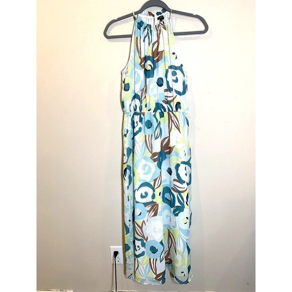 Ann Taylor Maxi Dress Petite XS Green Abstract Floral Chiffon Halter Top NO BELT